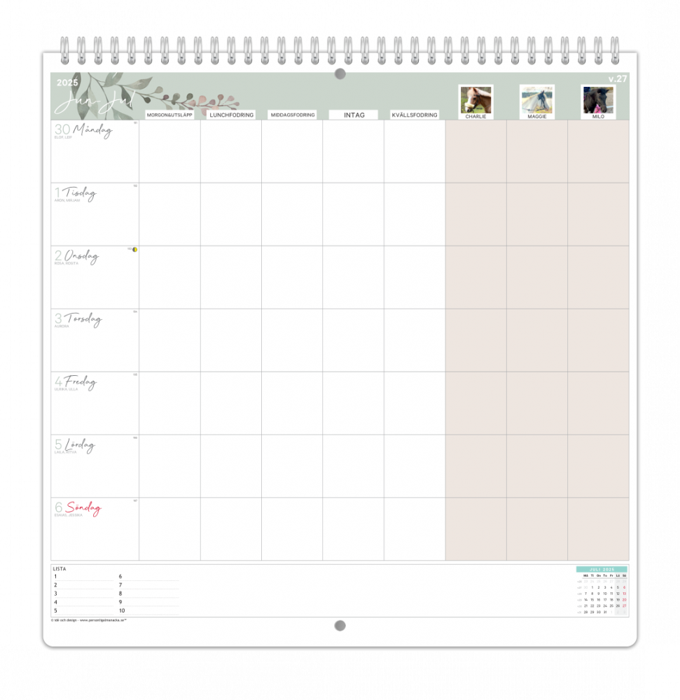 mellan personlig stallkalender - veckoöversikt (vaggkalender)