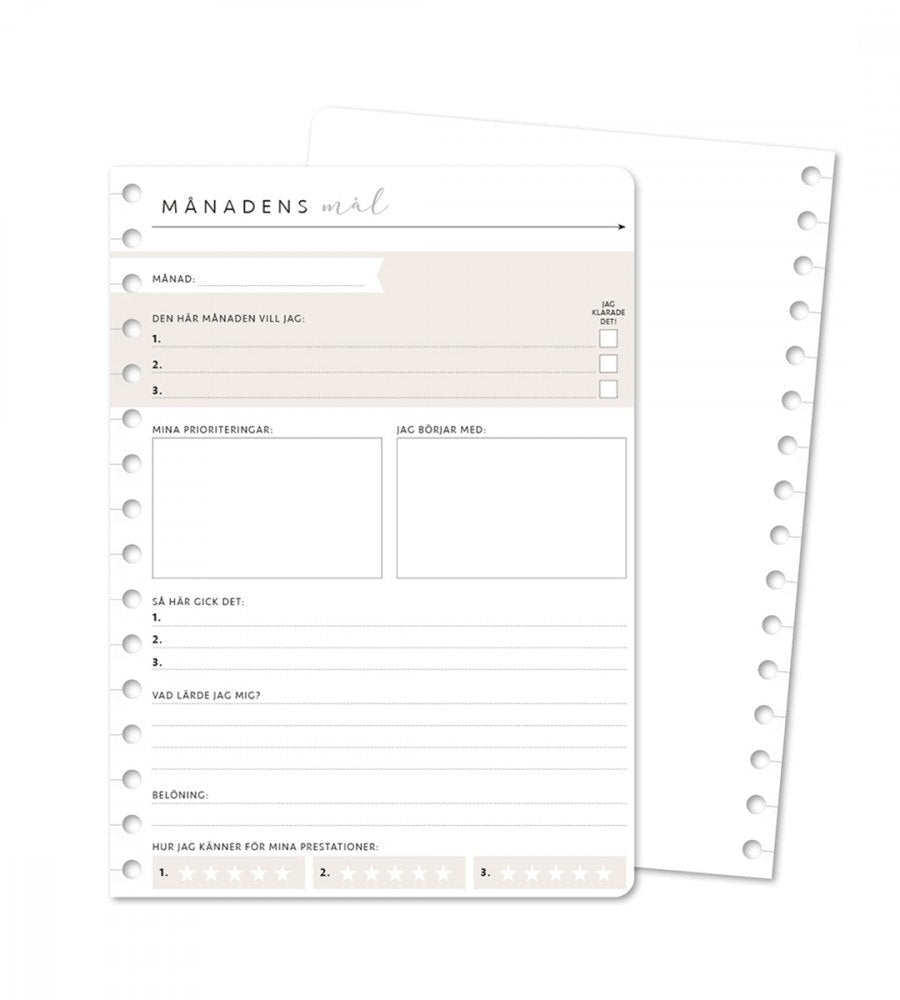 Snap in refillsidor - Månadens mål 12-pack till almanacka - storlek A5 - Personal Planner